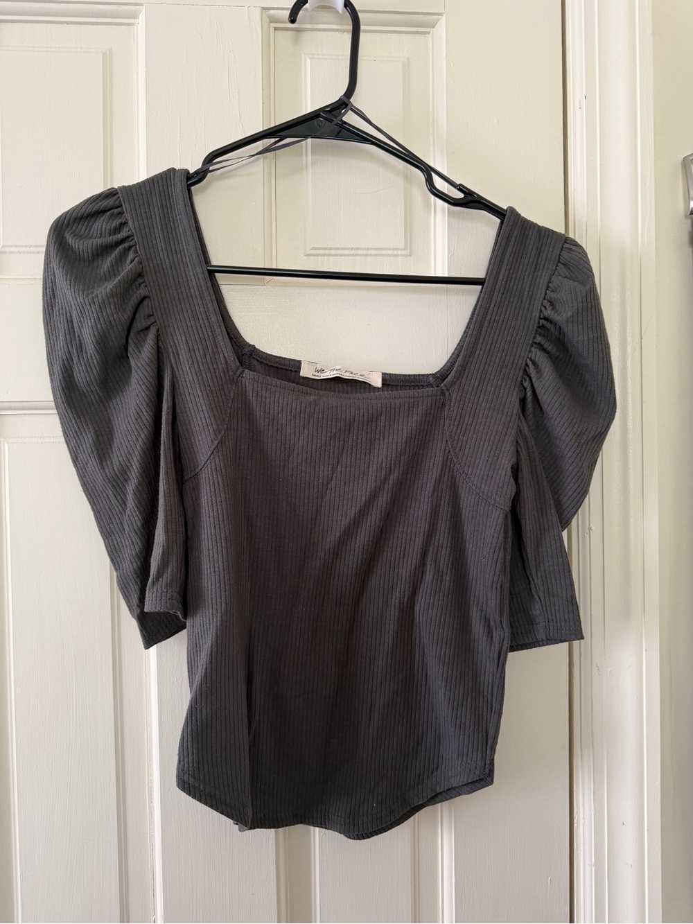 We The Free Charcoal Square-Neck Puff Sleeve Rib Top